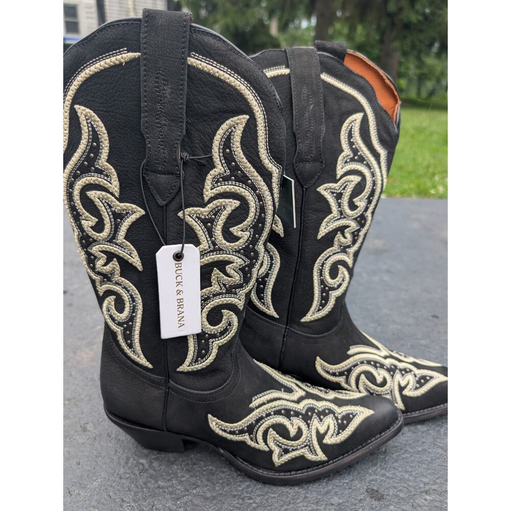 Buck & Brana Ginnger Western Boots Womens 8.5‎ Black Leather Embroidered Pull On - Picture 2 of 8
